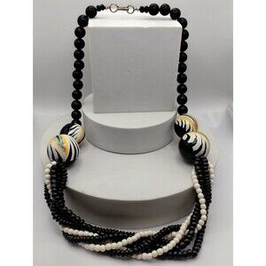 Vintage Large Hand Painted Wooden Black and White Fashion Statement Necklace